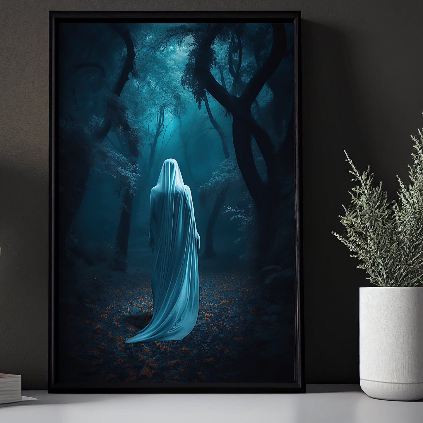 Vintage Ghost In Dark Forest Gothic Halloween Canvas Painting, Wall Art Decor - Halloween Poster Gift