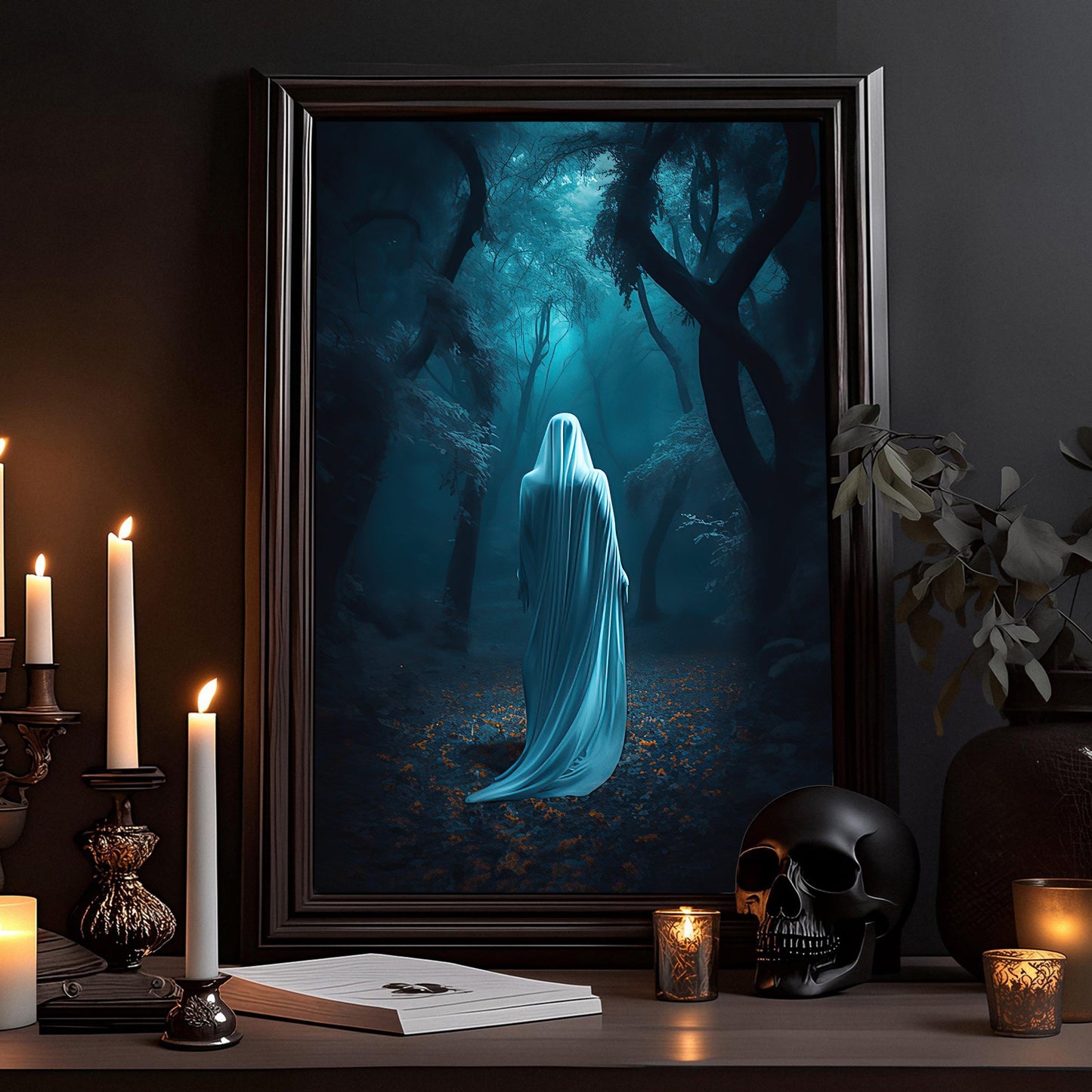 Vintage Ghost In Dark Forest Gothic Halloween Canvas Painting, Wall Art Decor - Halloween Poster Gift