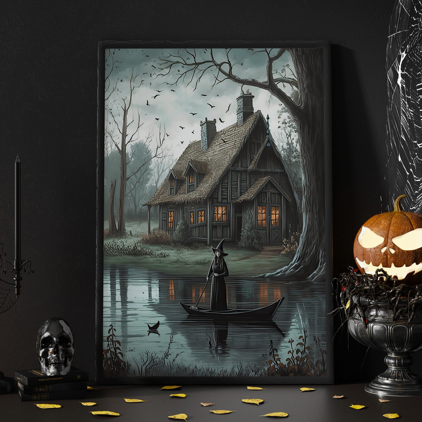 The Witch On Lake Beside Haunting House Vintage Dark Halloween Canvas Painting, Wall Art Decor - Halloween Poster Gift