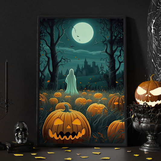 Spooky Ghost Moonlight In Pumpkin Garden Vintage Gothic Halloween Canvas Painting, Wall Art Decor - Halloween Poster Gift