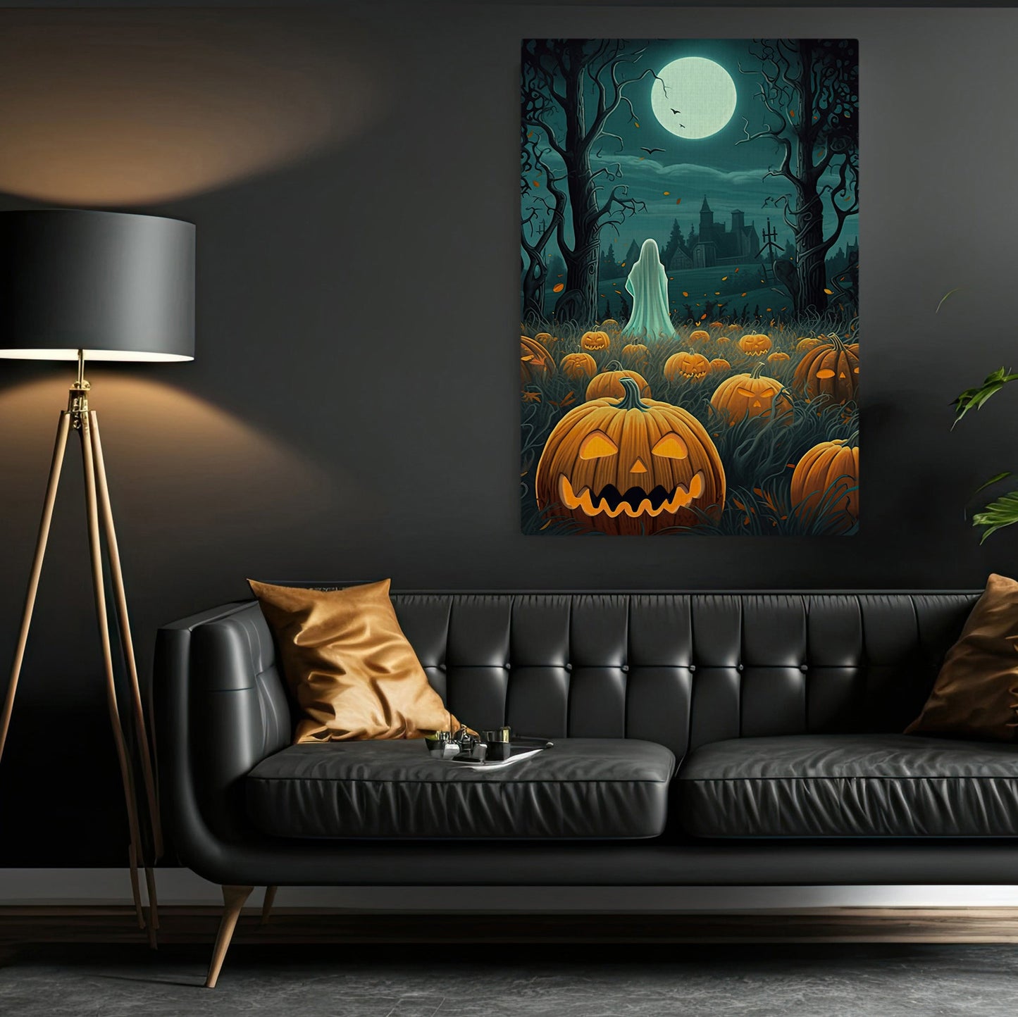 Spooky Ghost Moonlight In Pumpkin Garden Vintage Gothic Halloween Canvas Painting, Wall Art Decor - Halloween Poster Gift