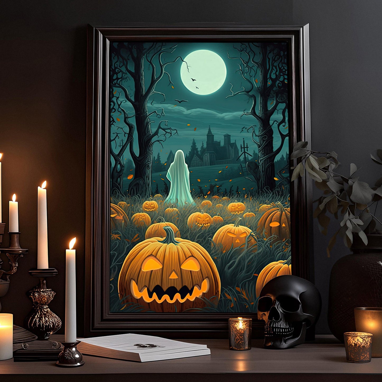 Spooky Ghost Moonlight In Pumpkin Garden Vintage Gothic Halloween Canvas Painting, Wall Art Decor - Halloween Poster Gift