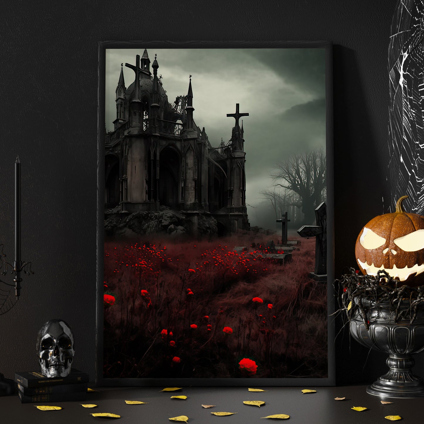 The Spooky House Dark Surreal Halloween Canvas Painting, Wall Art Decor - Horror Haunted House Halloween Poster Gift