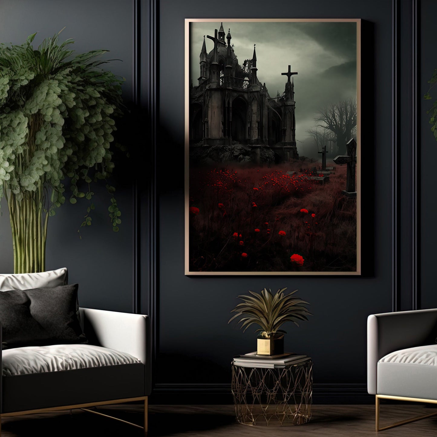 The Spooky House Dark Surreal Halloween Canvas Painting, Wall Art Decor - Horror Haunted House Halloween Poster Gift