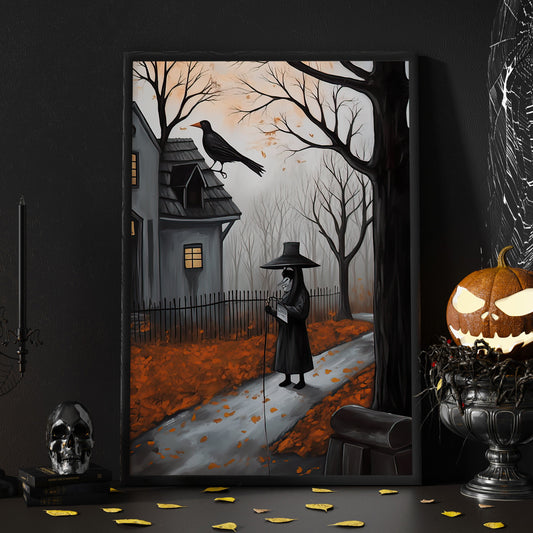 Spooky The Witch On The Street Halloween Canvas Painting, Wall Art Decor - Halloween Poster Gift