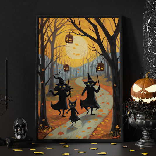 Black Cat Witch Dancing Halloween Moon Party Halloween Canvas Painting, Wall Art Decor - Dark Witchy Halloween Poster Gift