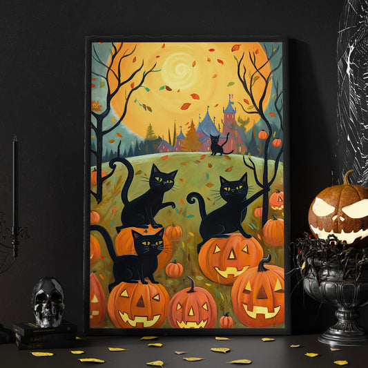 Black Cat In Halloween Moon Party Halloween Canvas Painting, Wall Art Decor - Dark Witchy Halloween Poster Gift