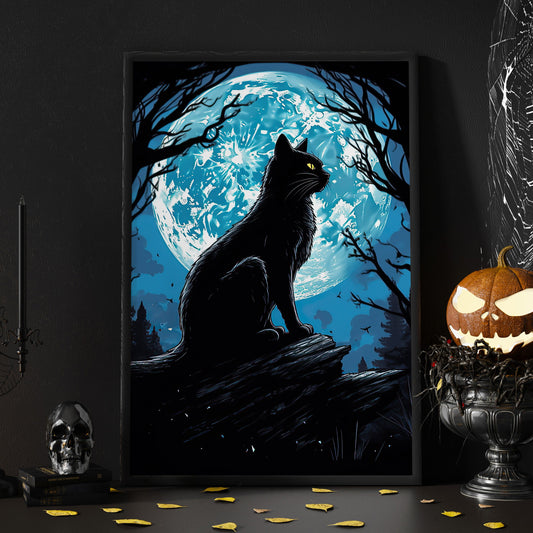 Black Cat On The Moon Halloween Canvas Painting, Wall Art Decor - Halloween Poster Gift