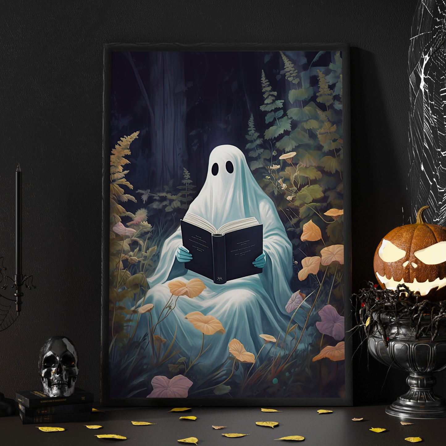 The Spooky Ghost Reading Book In Forest Vintage Gothic Halloween Canvas Painting, Wall Art Decor - Ghost Halloween Poster Gift