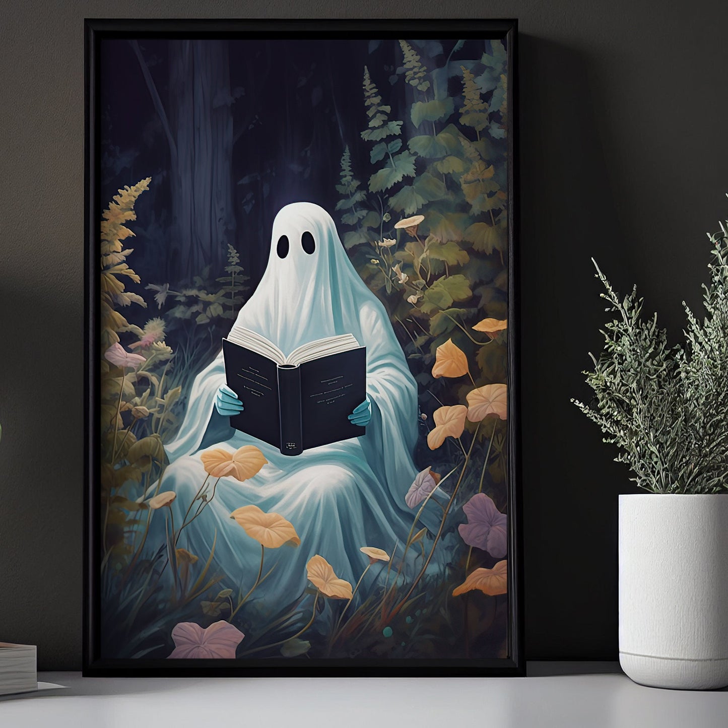 The Spooky Ghost Reading Book In Forest Vintage Gothic Halloween Canvas Painting, Wall Art Decor - Ghost Halloween Poster Gift