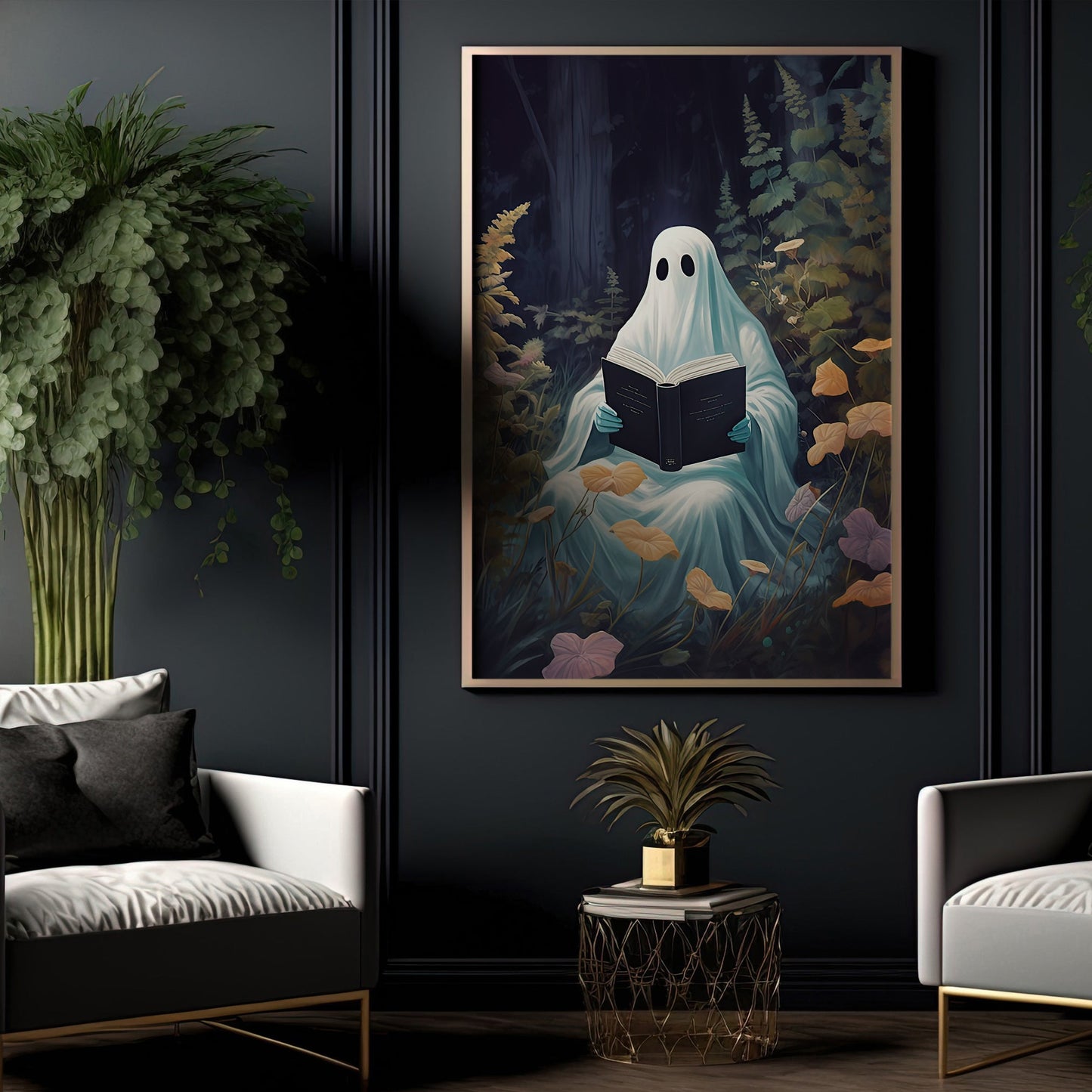 The Spooky Ghost Reading Book In Forest Vintage Gothic Halloween Canvas Painting, Wall Art Decor - Ghost Halloween Poster Gift