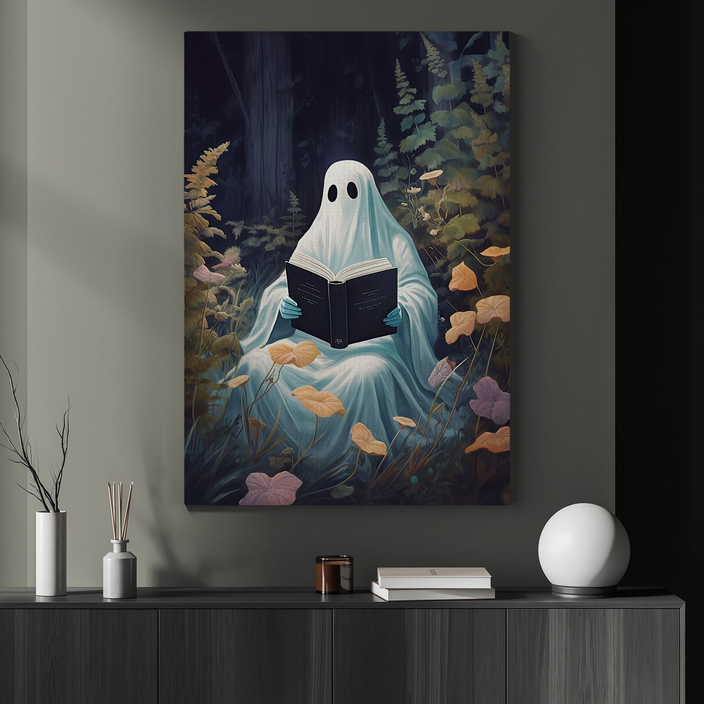 The Spooky Ghost Reading Book In Forest Vintage Gothic Halloween Canvas Painting, Wall Art Decor - Ghost Halloween Poster Gift