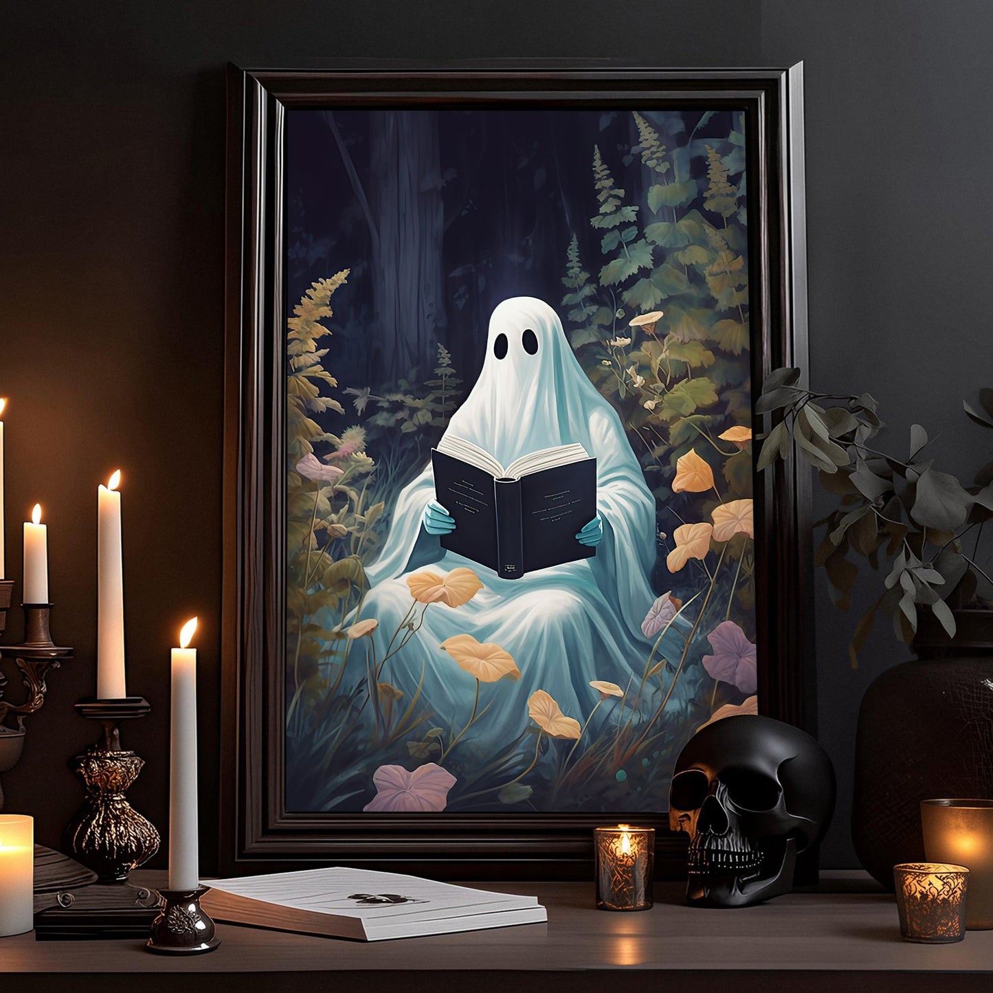 The Spooky Ghost Reading Book In Forest Vintage Gothic Halloween Canvas Painting, Wall Art Decor - Ghost Halloween Poster Gift