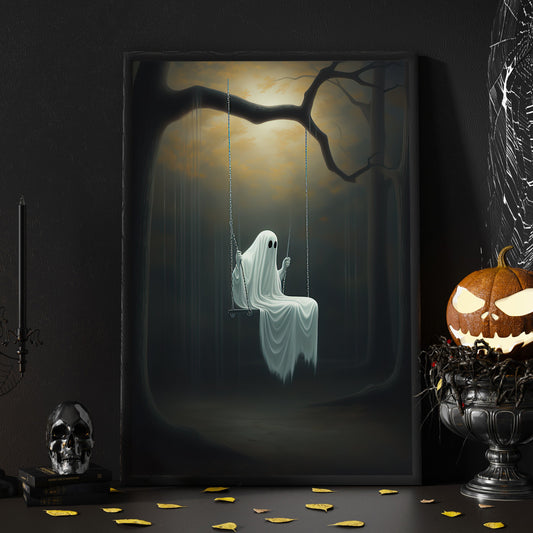 The Ghost Swinging In Forest Gothic Vintage Halloween Canvas Painting, Wall Art Decor - Halloween Poster Gift