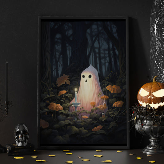 Alone Ghost In The Dark Forest Halloween Canvas Painting, Wall Art Decor - Halloween Poster Gift