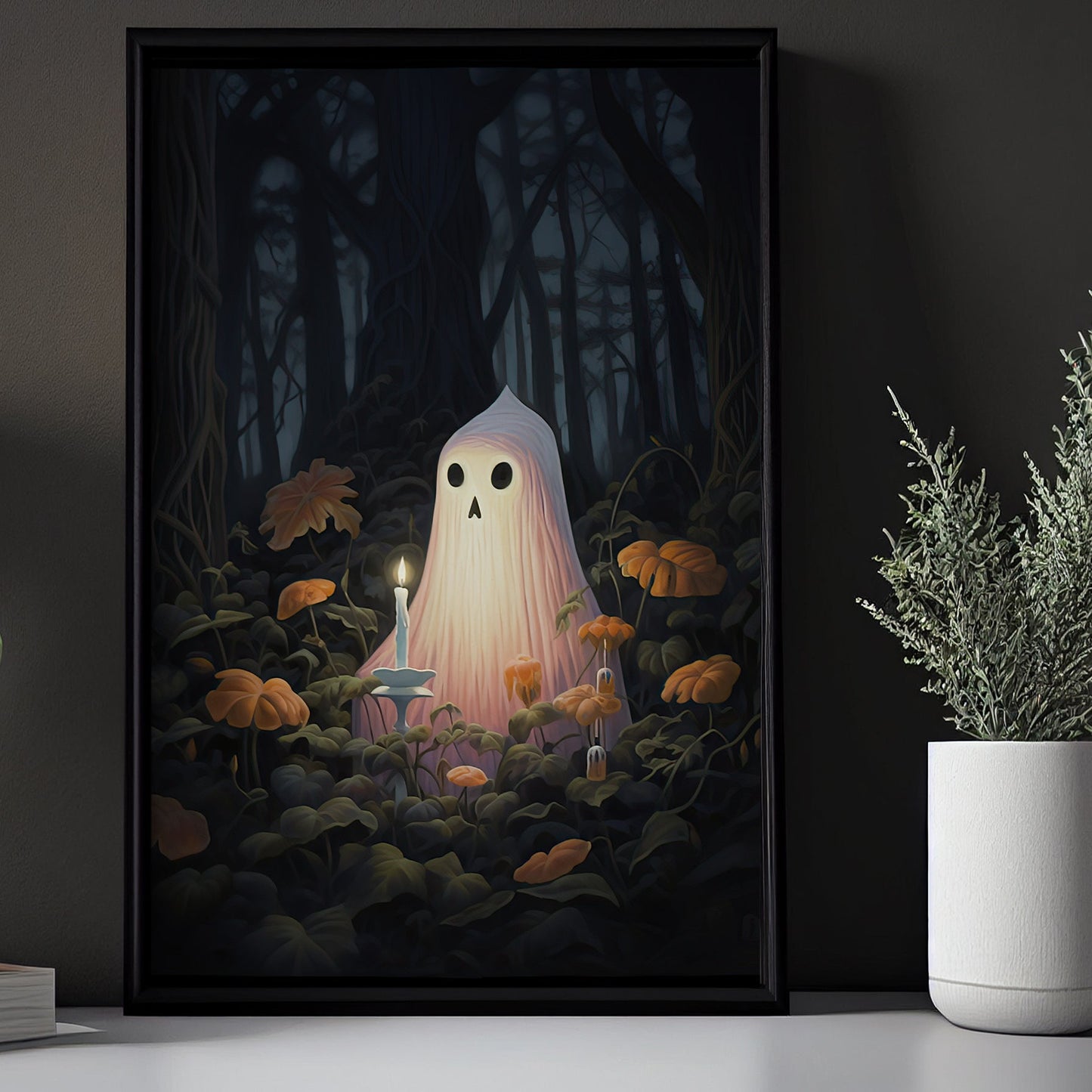 Alone Ghost In The Dark Forest Halloween Canvas Painting, Wall Art Decor - Halloween Poster Gift