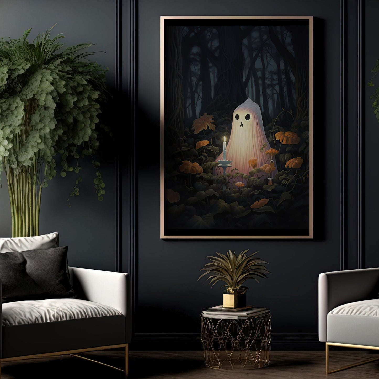 Alone Ghost In The Dark Forest Halloween Canvas Painting, Wall Art Decor - Halloween Poster Gift