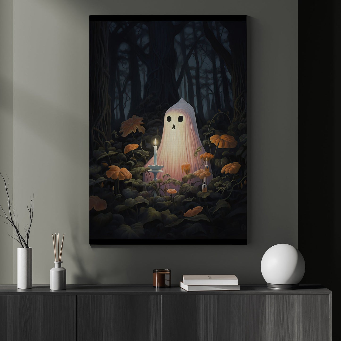 Alone Ghost In The Dark Forest Halloween Canvas Painting, Wall Art Decor - Halloween Poster Gift