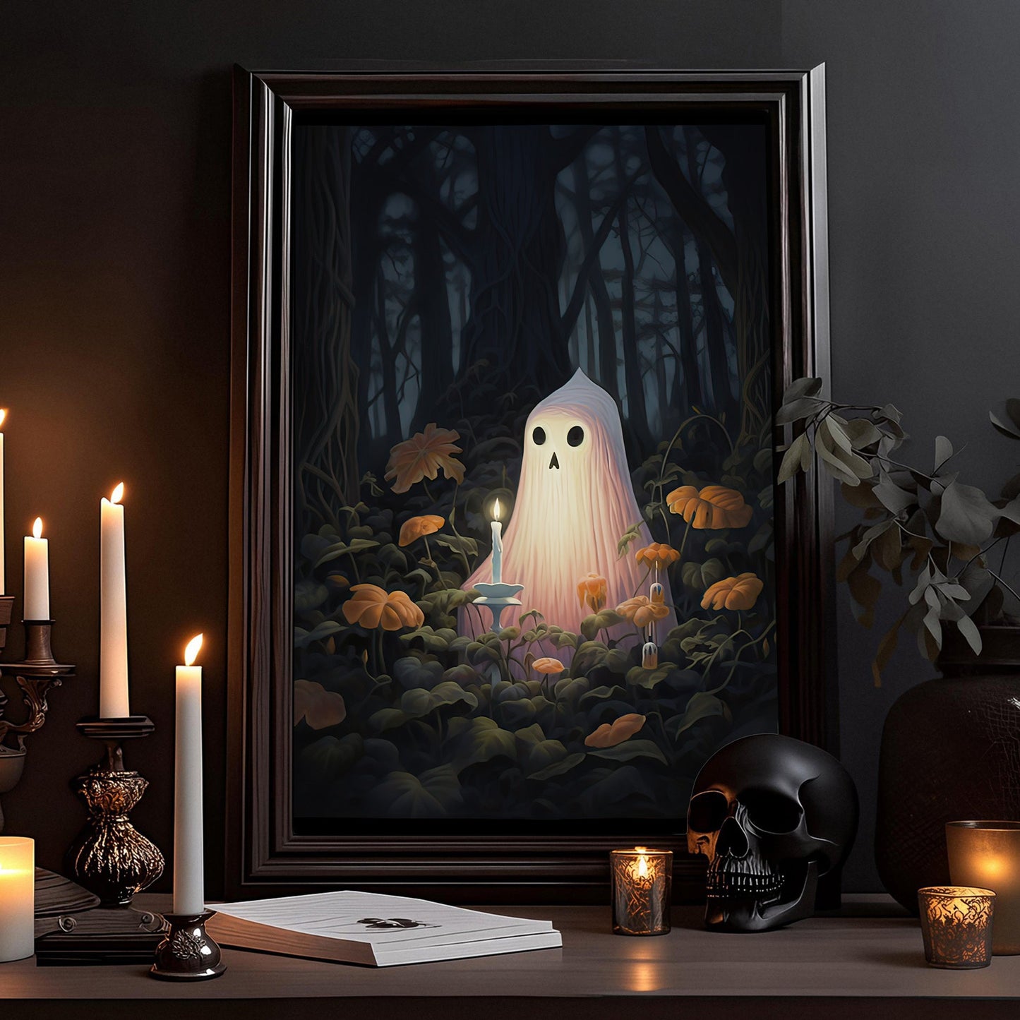 Alone Ghost In The Dark Forest Halloween Canvas Painting, Wall Art Decor - Halloween Poster Gift