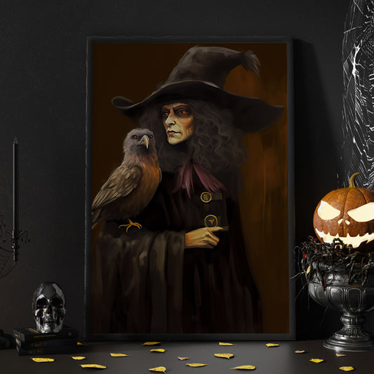 The Spooky Witch With Bird On Hand Painting Halloween Canvas Painting, Wall Art Decor - Halloween Poster Gift