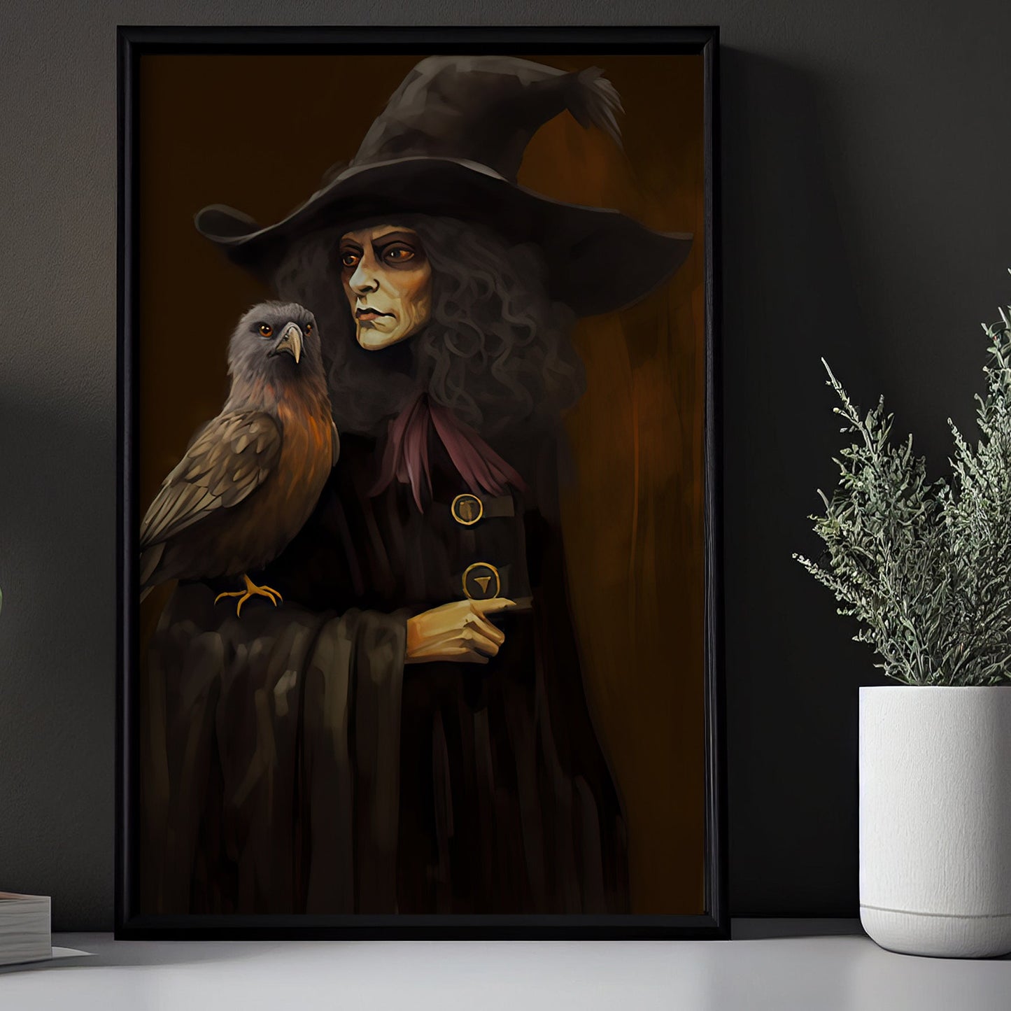 The Spooky Witch With Bird On Hand Painting Halloween Canvas Painting, Wall Art Decor - Halloween Poster Gift