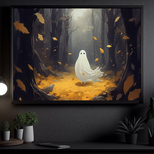 Ghost In The Forest Autumn Leaves Halloween Canvas Painting, Wall Art Decor - Halloween Poster Gift