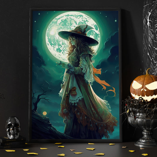 The Dark Witch Under Moon Moody Vintage Canvas Wall Art - Gothic Ghost Halloween Poster Artwork Decoration For Living Room Bed Room