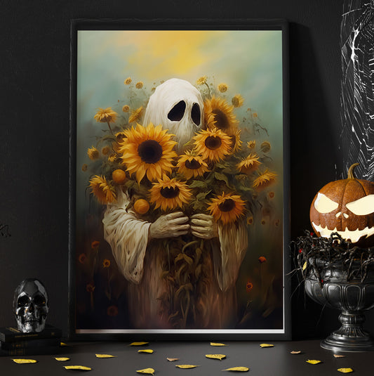 The Ghost Hold Sunflowers Vintage Canvas Art Print - Dark Gothic Floral Ghost Halloween Wall Decor