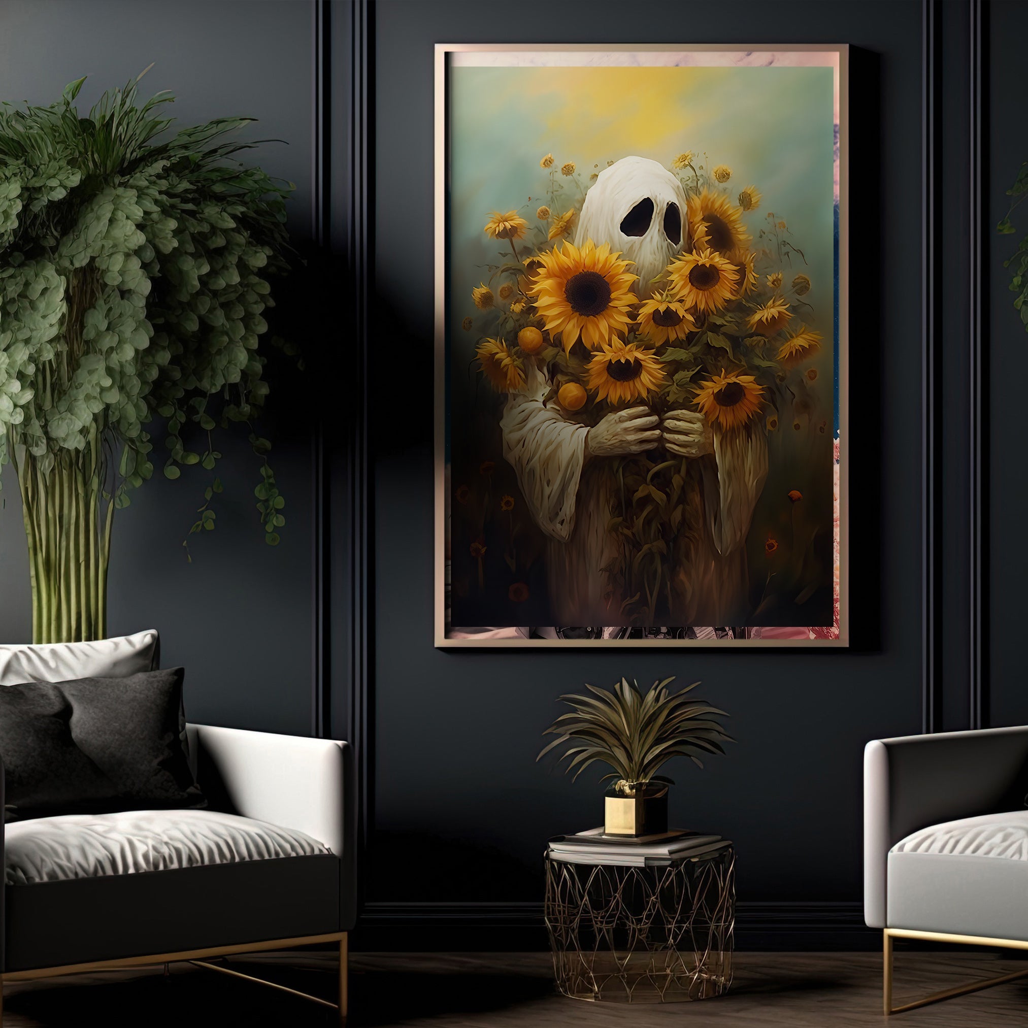 The Ghost Hold Sunflowers Vintage Canvas Art Print - Dark Gothic