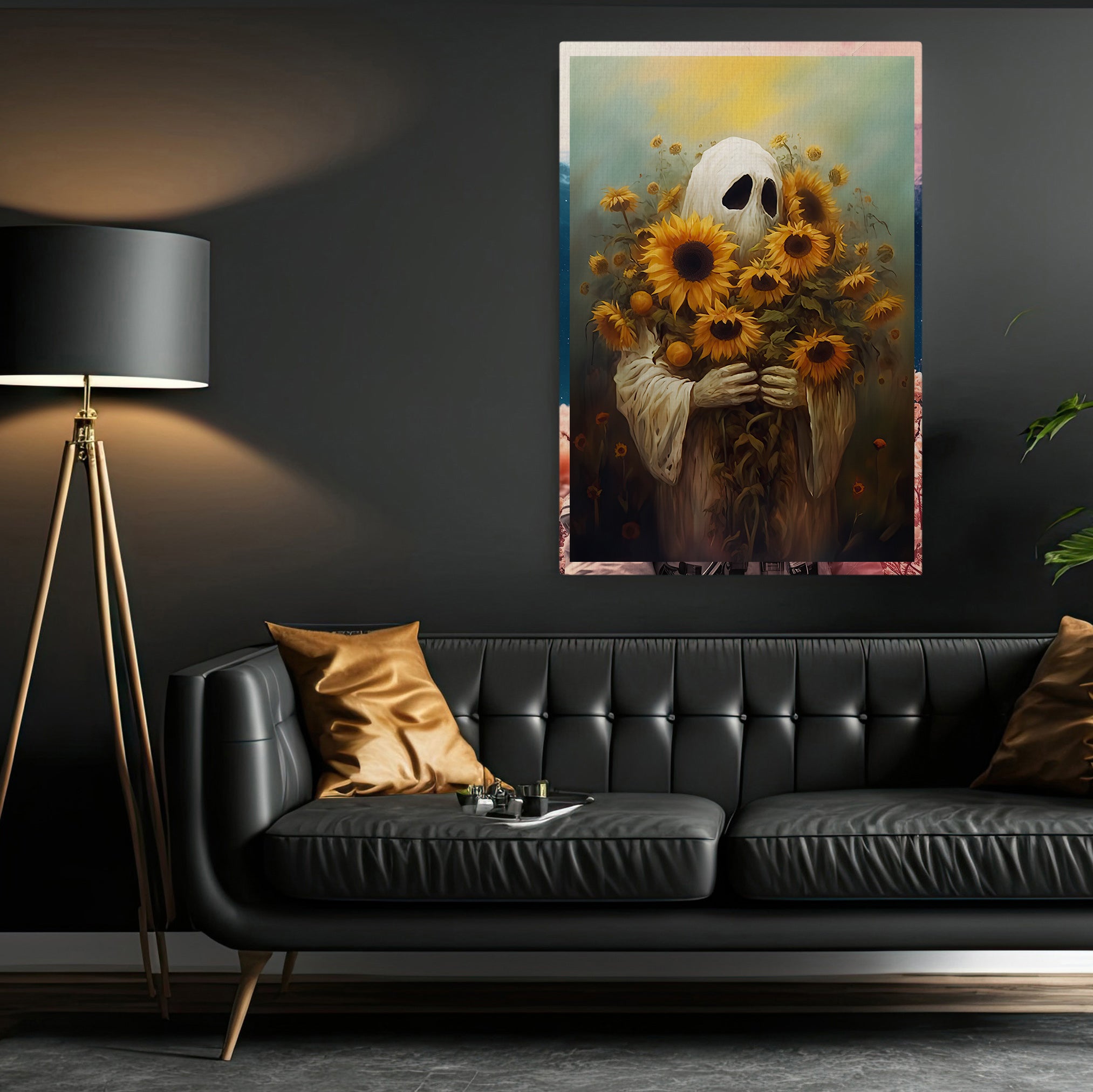 The Ghost Hold Sunflowers Vintage Canvas Art Print - Dark Gothic