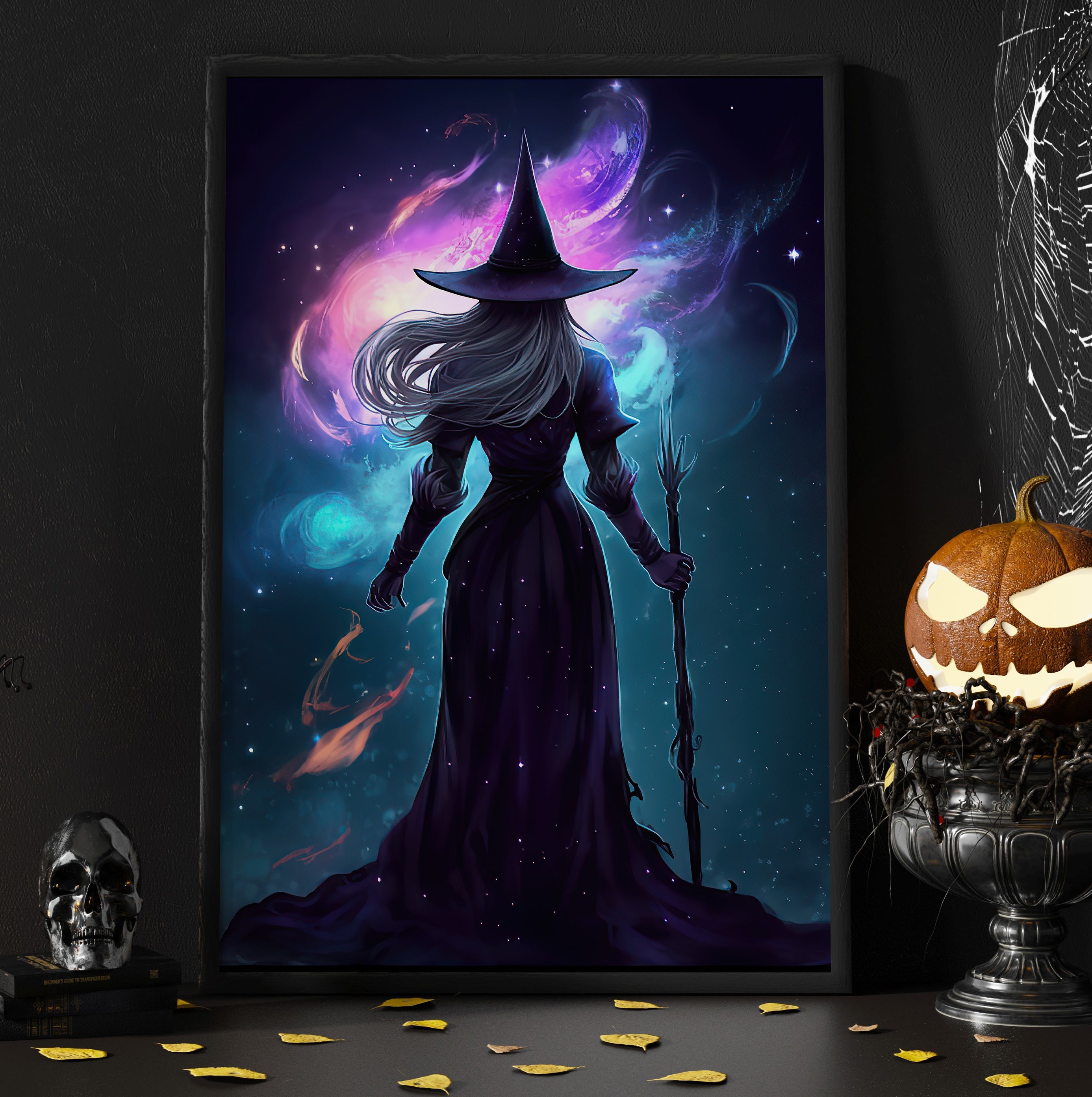 Magical Witch In Starry Night Vintage Wall Art Print - Dark