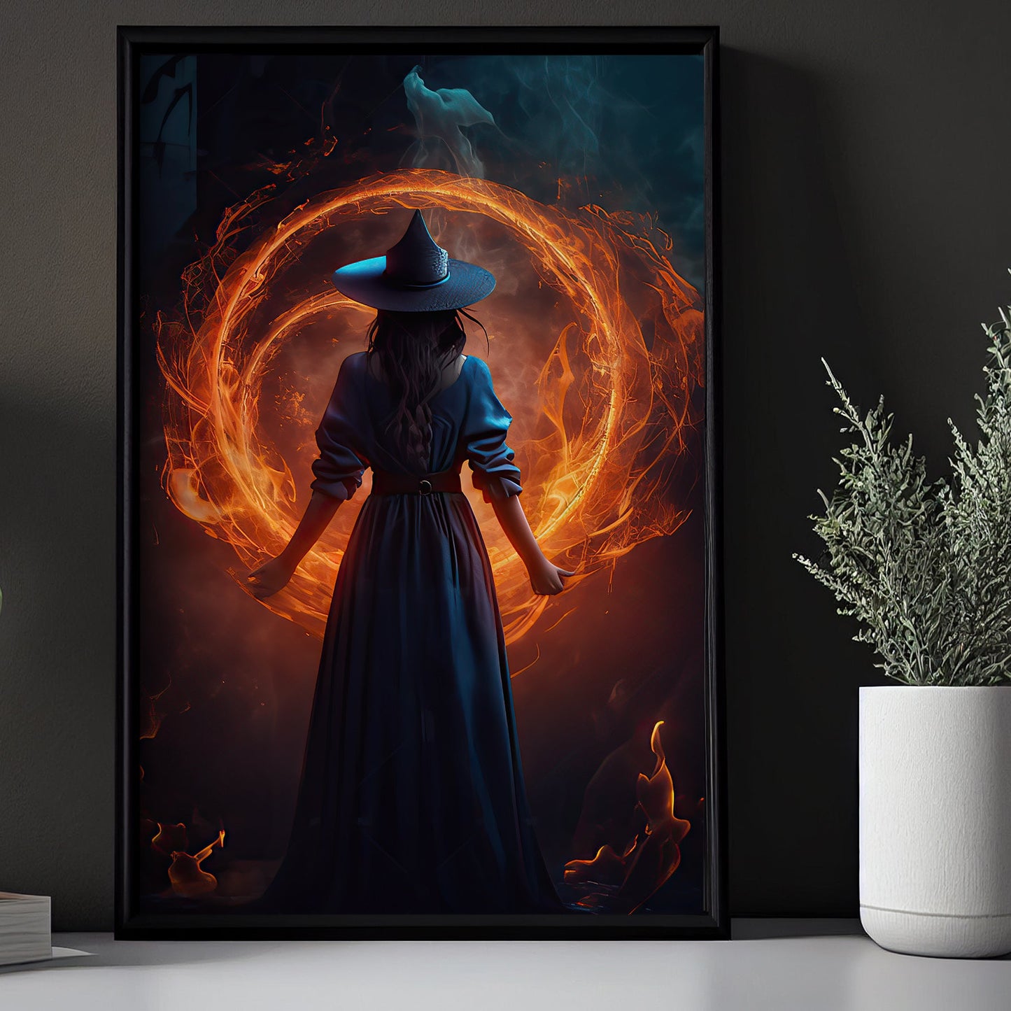 Magical Witch In Fire Circle Vintage Gothic Wall Art Print - Dark Surreal Five Elements Witchy Halloween Wall Decor