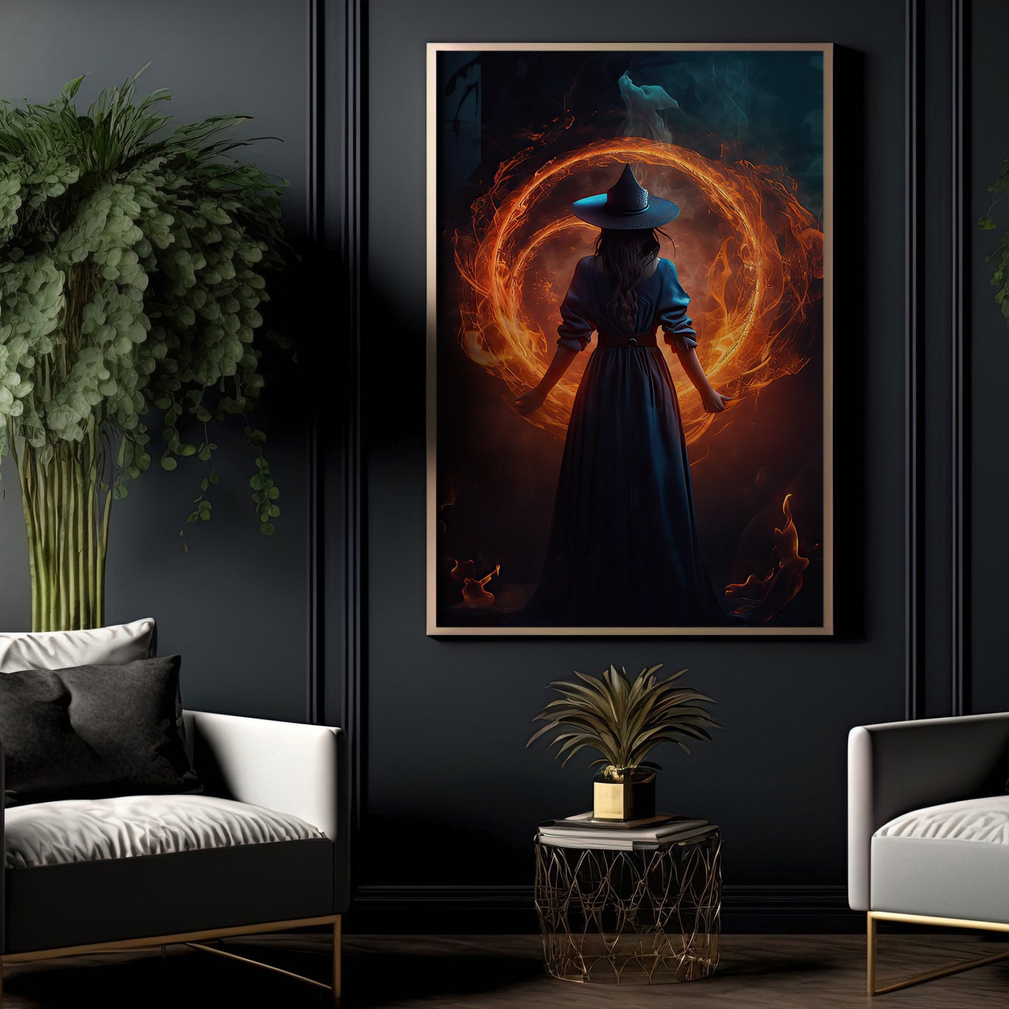 Magical Witch In Fire Circle Vintage Gothic Wall Art Print - Dark Surreal Five Elements Witchy Halloween Wall Decor