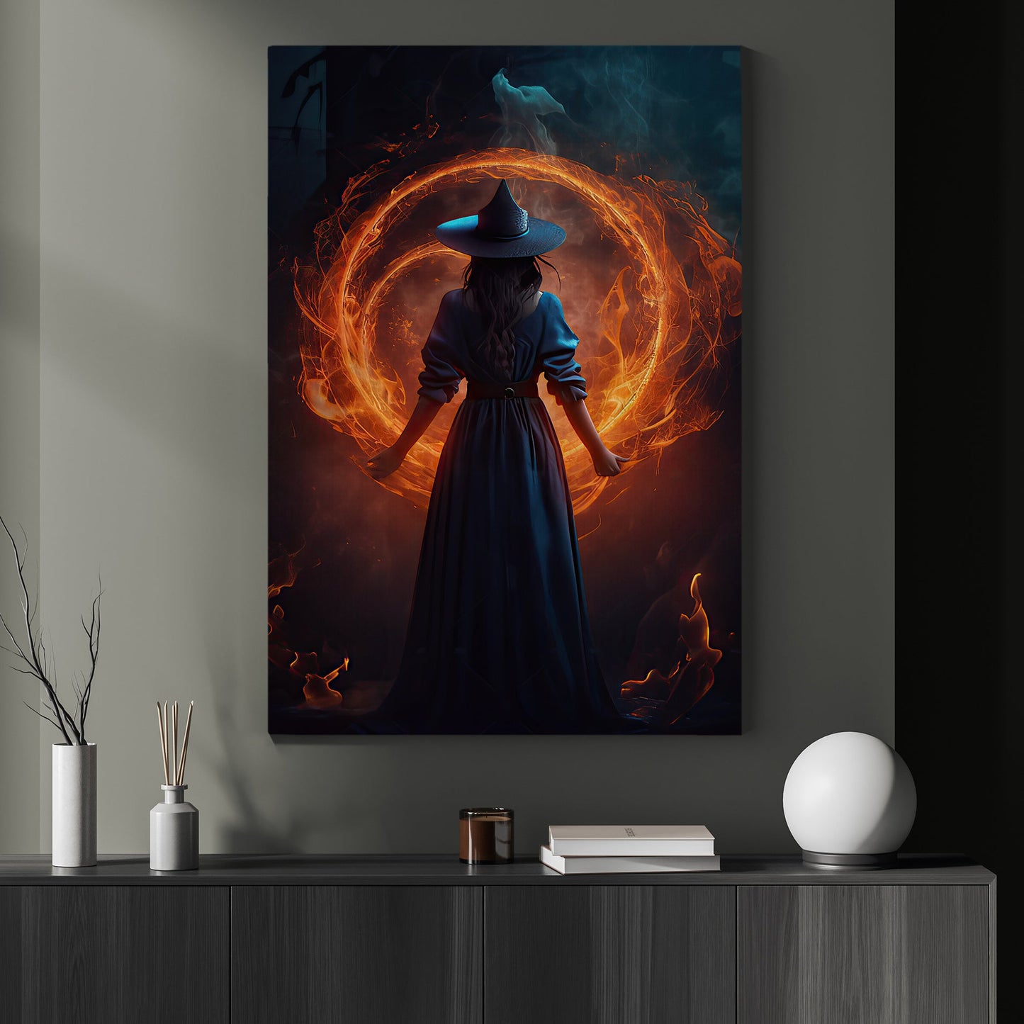Magical Witch In Fire Circle Vintage Gothic Wall Art Print - Dark Surreal Five Elements Witchy Halloween Wall Decor