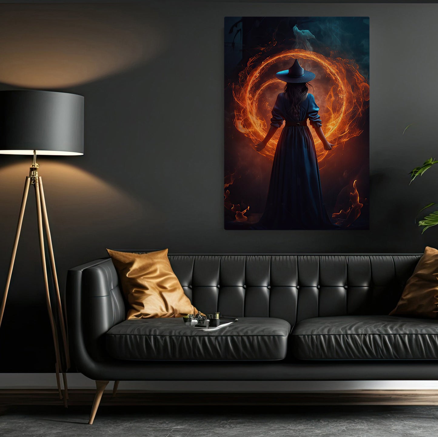 Magical Witch In Fire Circle Vintage Gothic Wall Art Print - Dark Surreal Five Elements Witchy Halloween Wall Decor