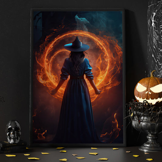 Magical Witch In Fire Circle Vintage Gothic Wall Art Print - Dark Surreal Five Elements Witchy Halloween Wall Decor