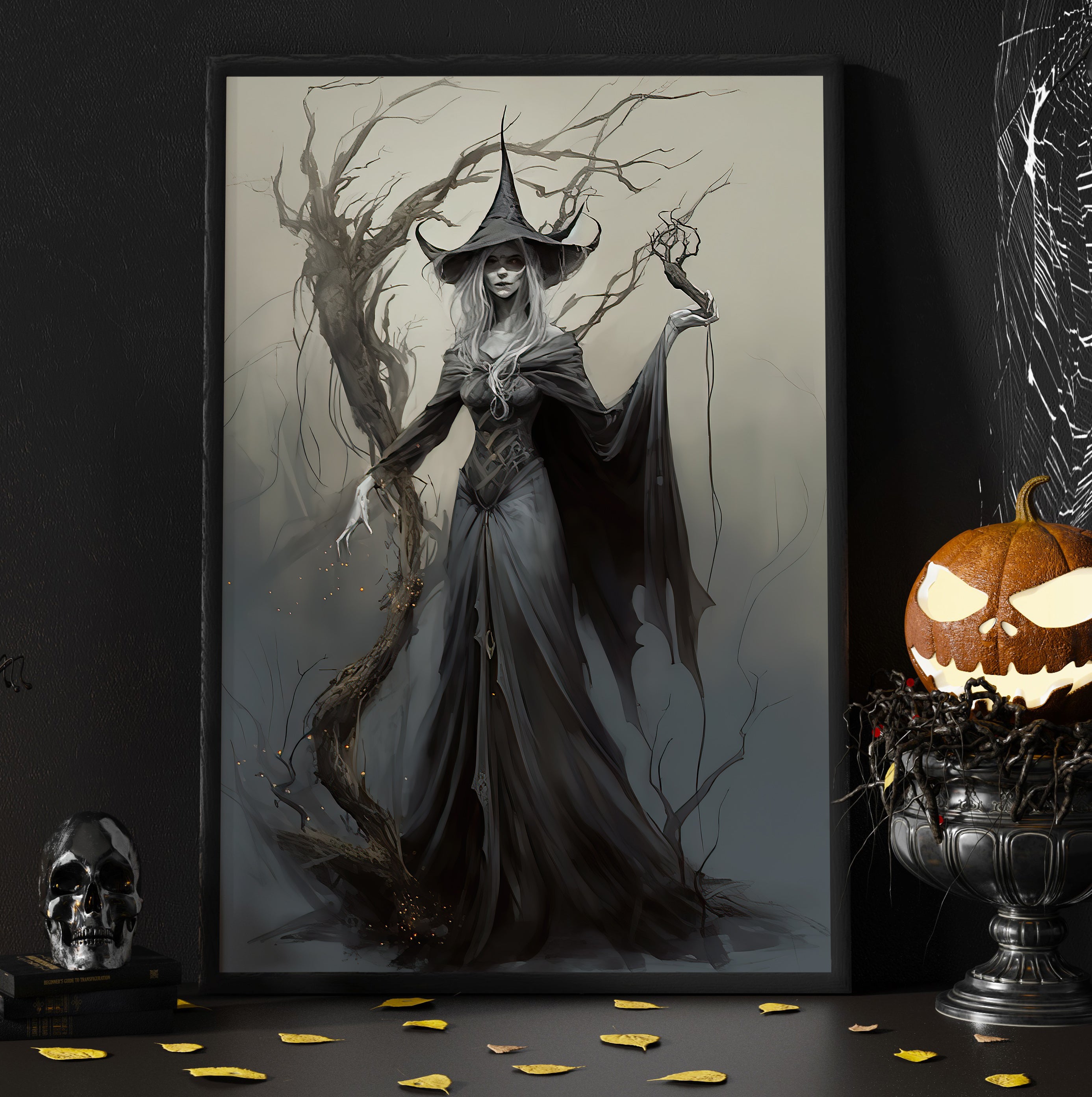 Magical Witch In Fire Circle Vintage Gothic Wall Art Print - Dark Surr ...