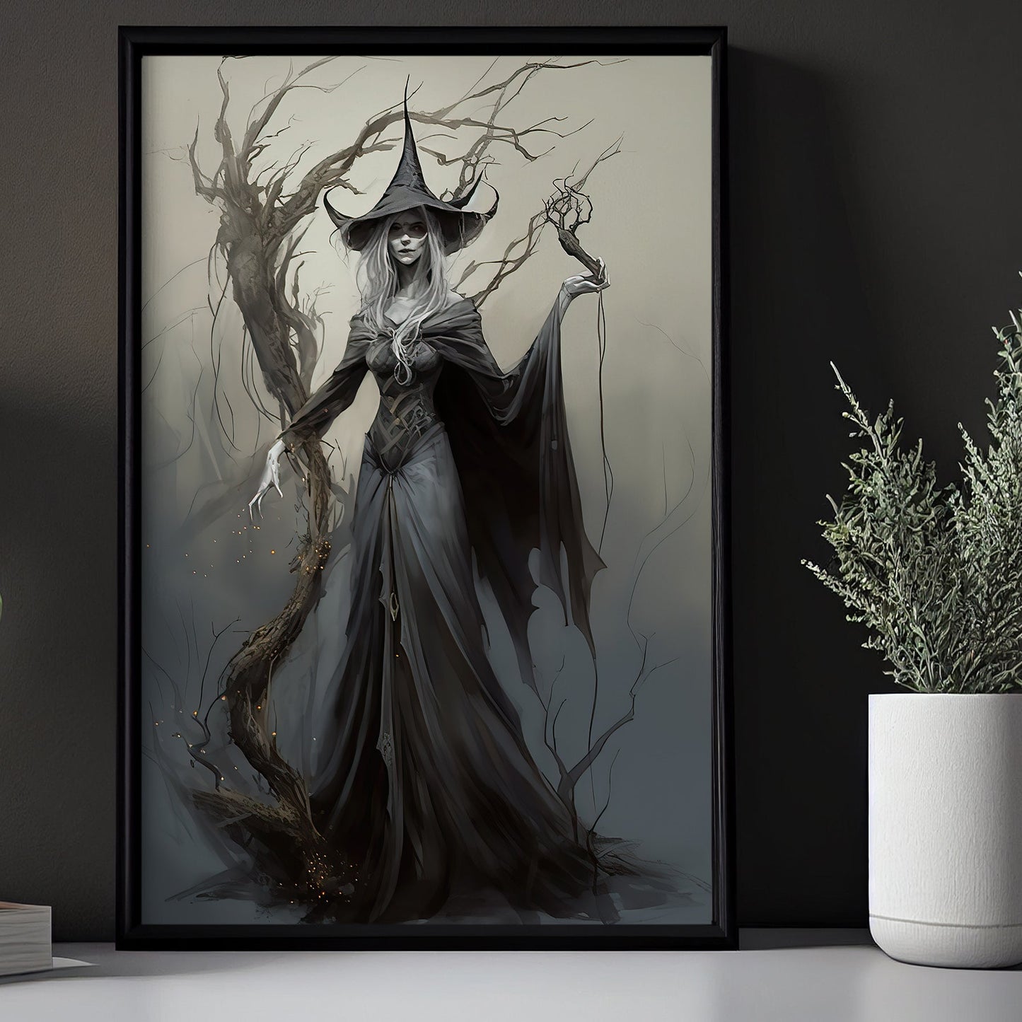 Magical Witch In Night Wall Art Print - Dark Surreal Enchanted Witch Halloween Wall Decor