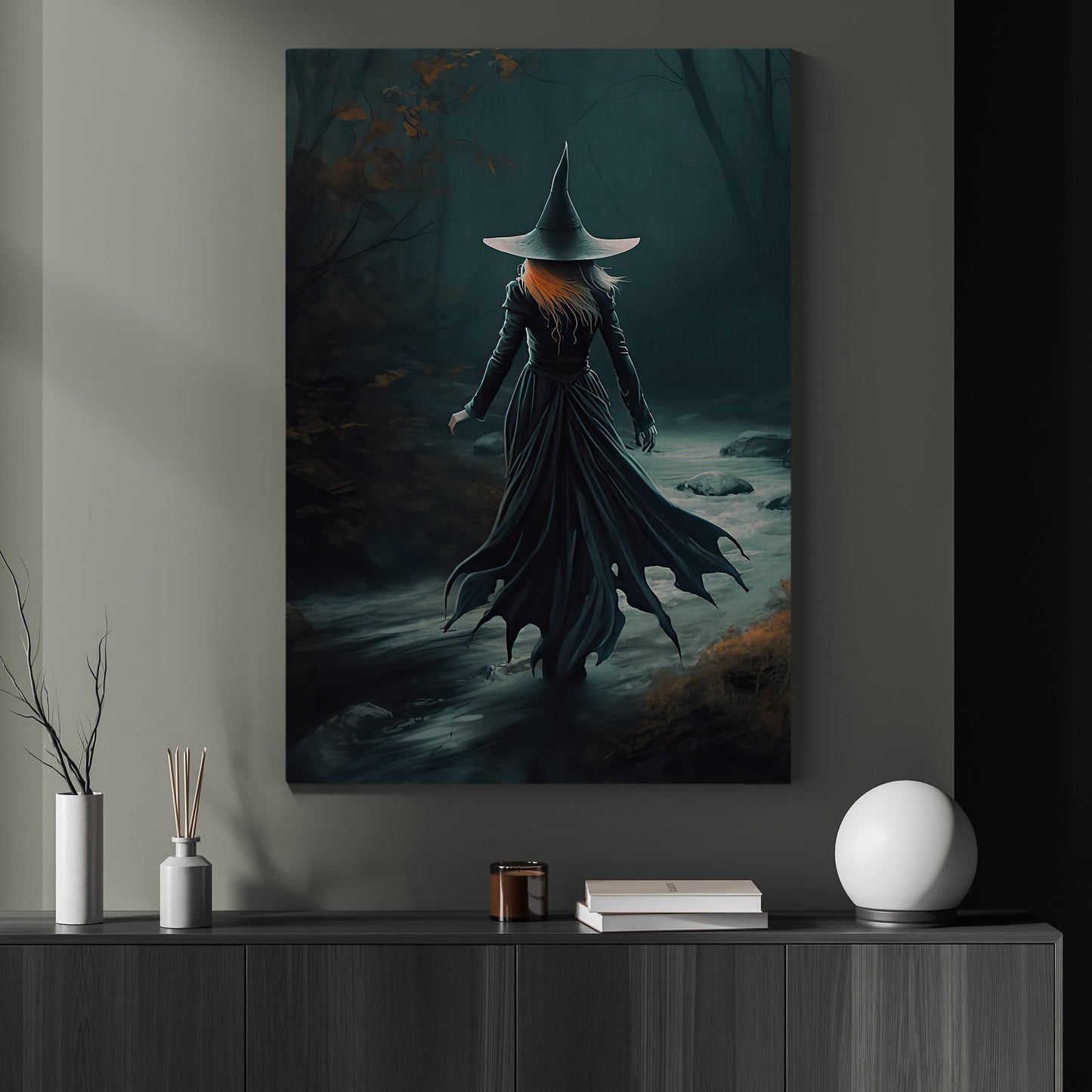 Witch In Dark Street Halloween Canvas Painting, Wall Art Decor - Dark Witchy Halloween Poster Gift