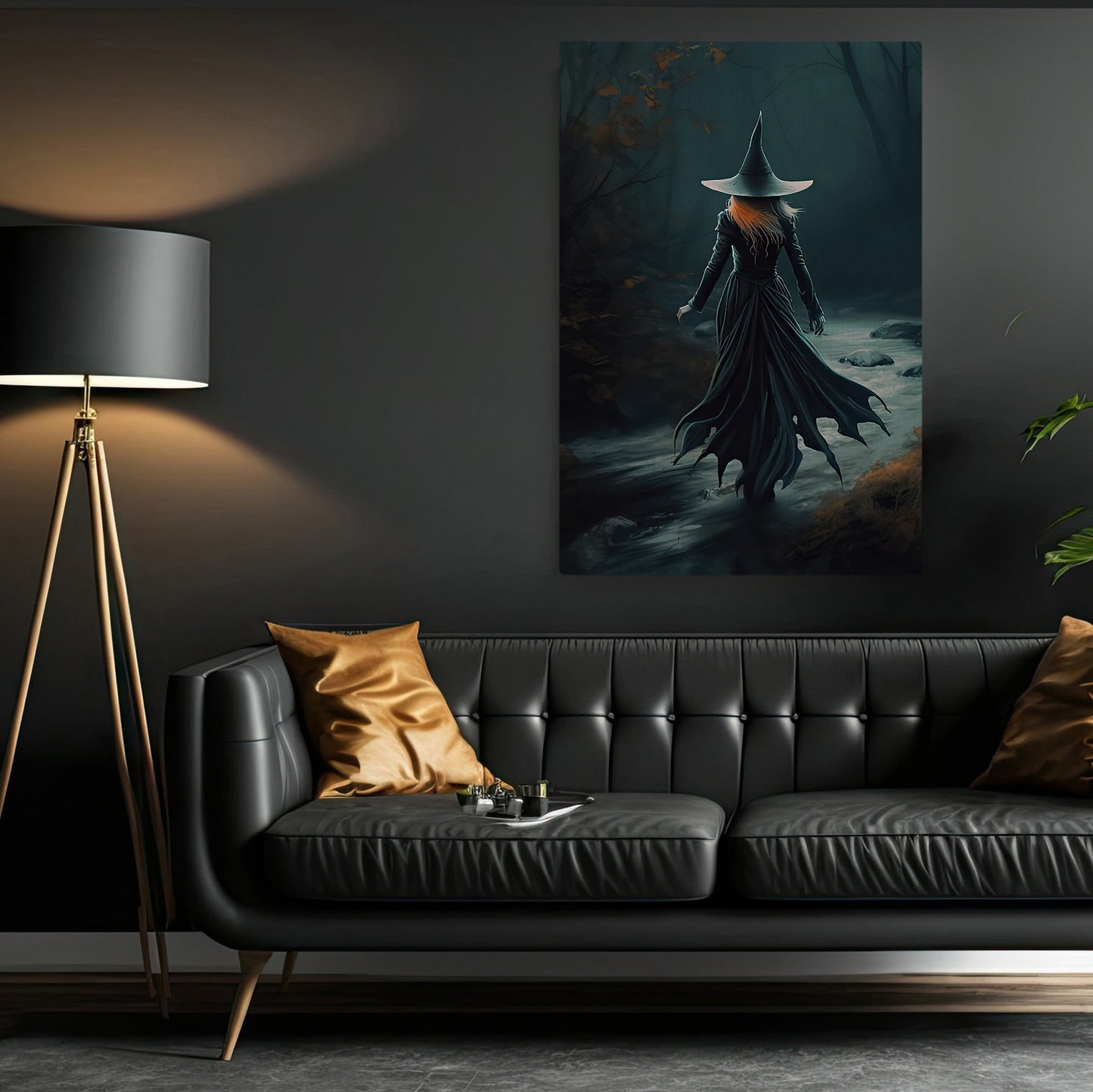 Witch In Dark Street Halloween Canvas Painting, Wall Art Decor - Dark Witchy Halloween Poster Gift