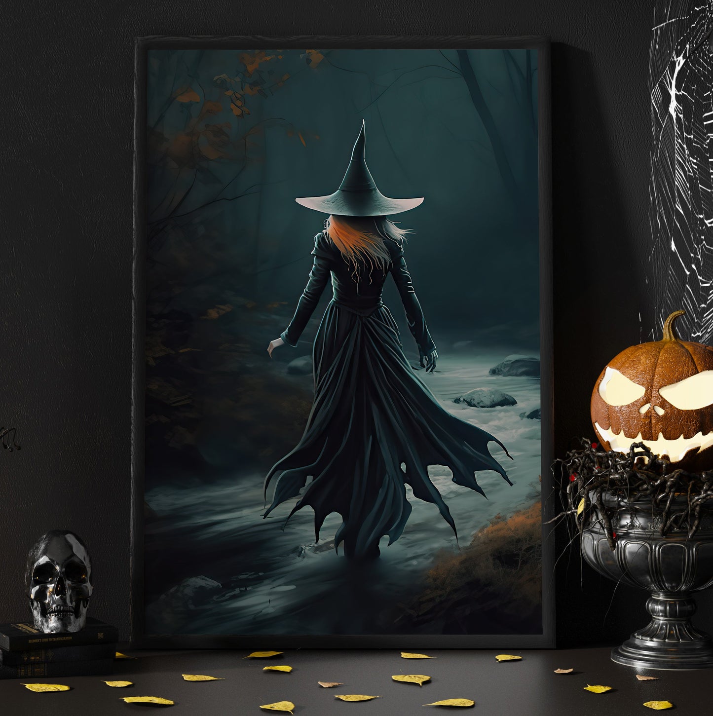 Witch In Dark Street Halloween Canvas Painting, Wall Art Decor - Dark Witchy Halloween Poster Gift