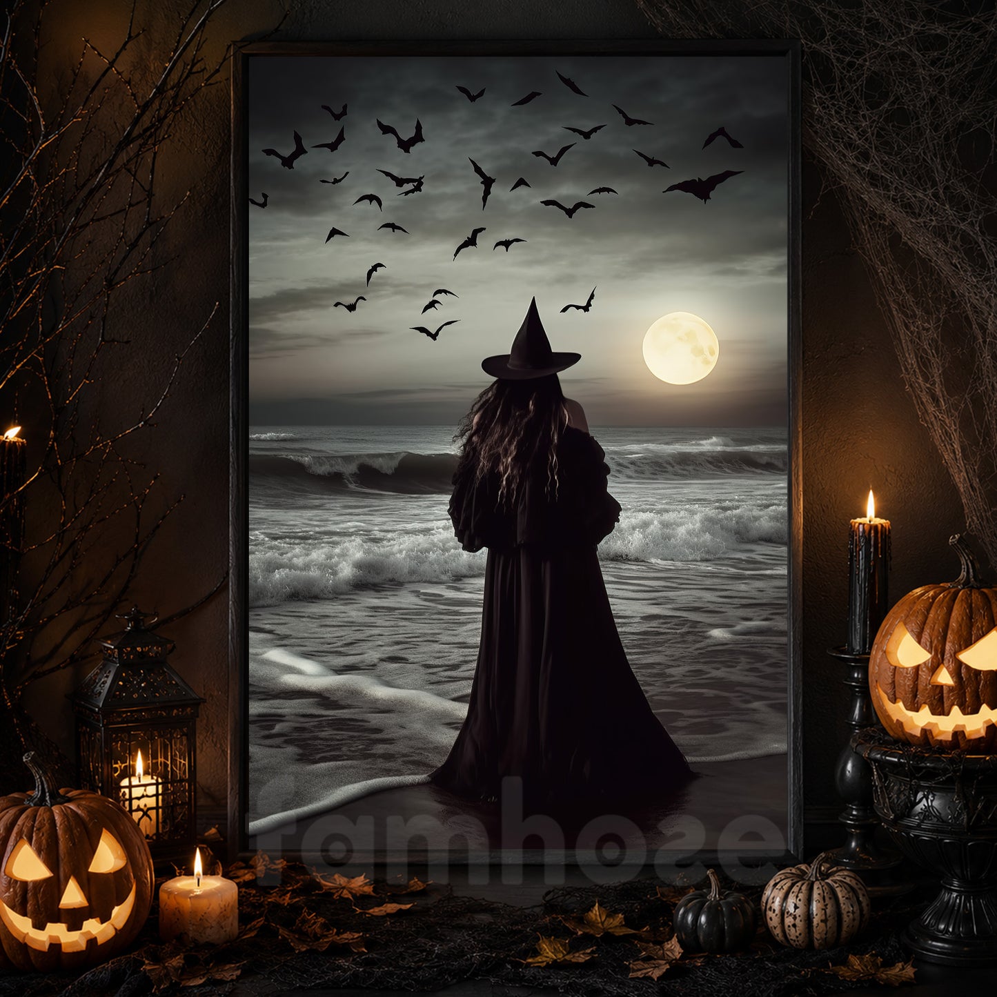 Witch Under The Moon At The Ocean Canvas Wall Art Print - Dark Witch Halloween Poster Print Art For Decorating Your Home