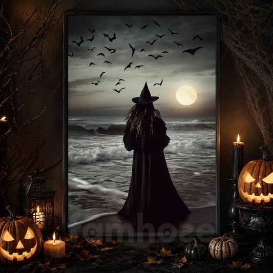 Witch Under The Moon At The Ocean Canvas Wall Art Print - Dark Witch Halloween Poster Print Art For Decorating Your Home