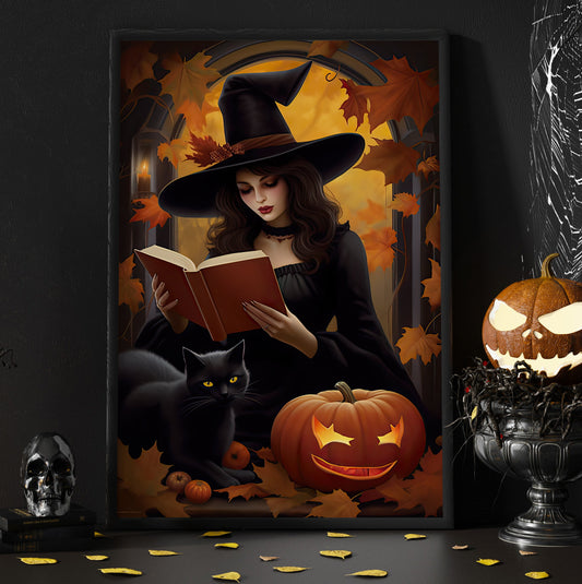 Cute Baby Witch Reading Book In Autumn Halloween Canvas Painting, Wall Art Decor - Thanksgiving Halloween Poster Gift