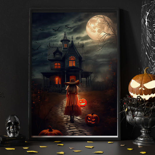 Vintage Haunting House Witch On The Way Halloween Canvas Painting, Wall Art Decor - Witch Halloween Poster Gift