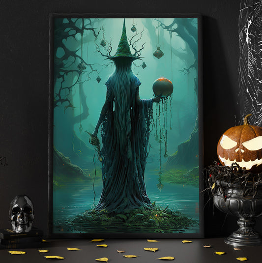 Witch Hold A Ball In The Spooky Forest Halloween Canvas Painting, Wall Art Decor - Dark Witchy Halloween Poster Gift