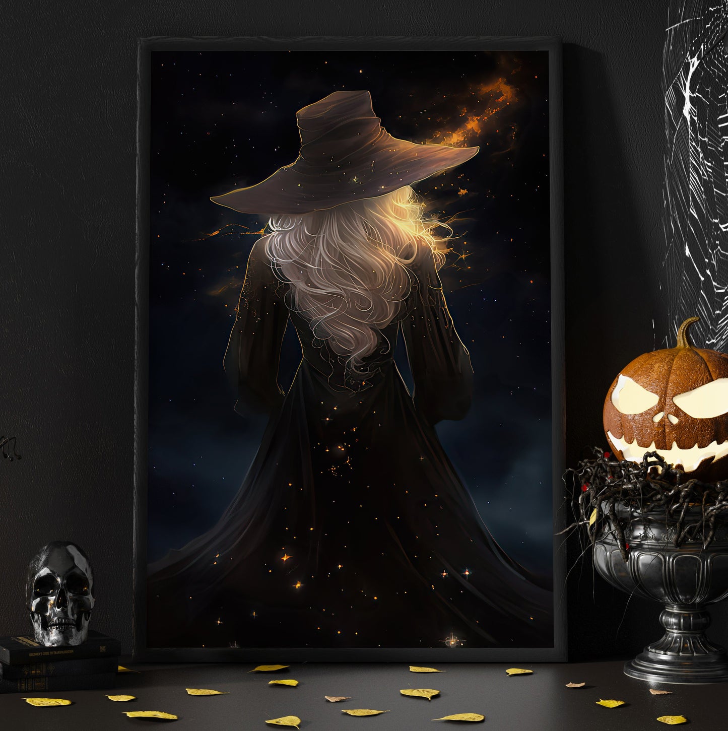 Witch In Starry Night Canvas Painting, Witches Wall Art Decor - Halloween Poster Gift