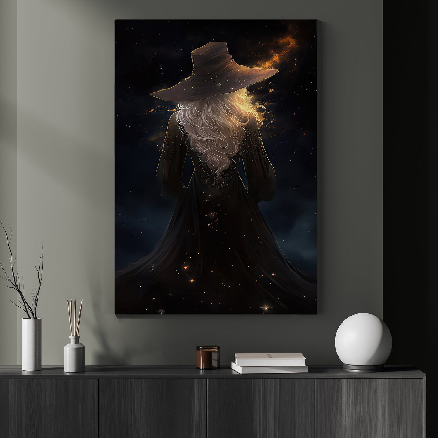 Witch In Starry Night Canvas Painting, Witches Wall Art Decor - Halloween Poster Gift