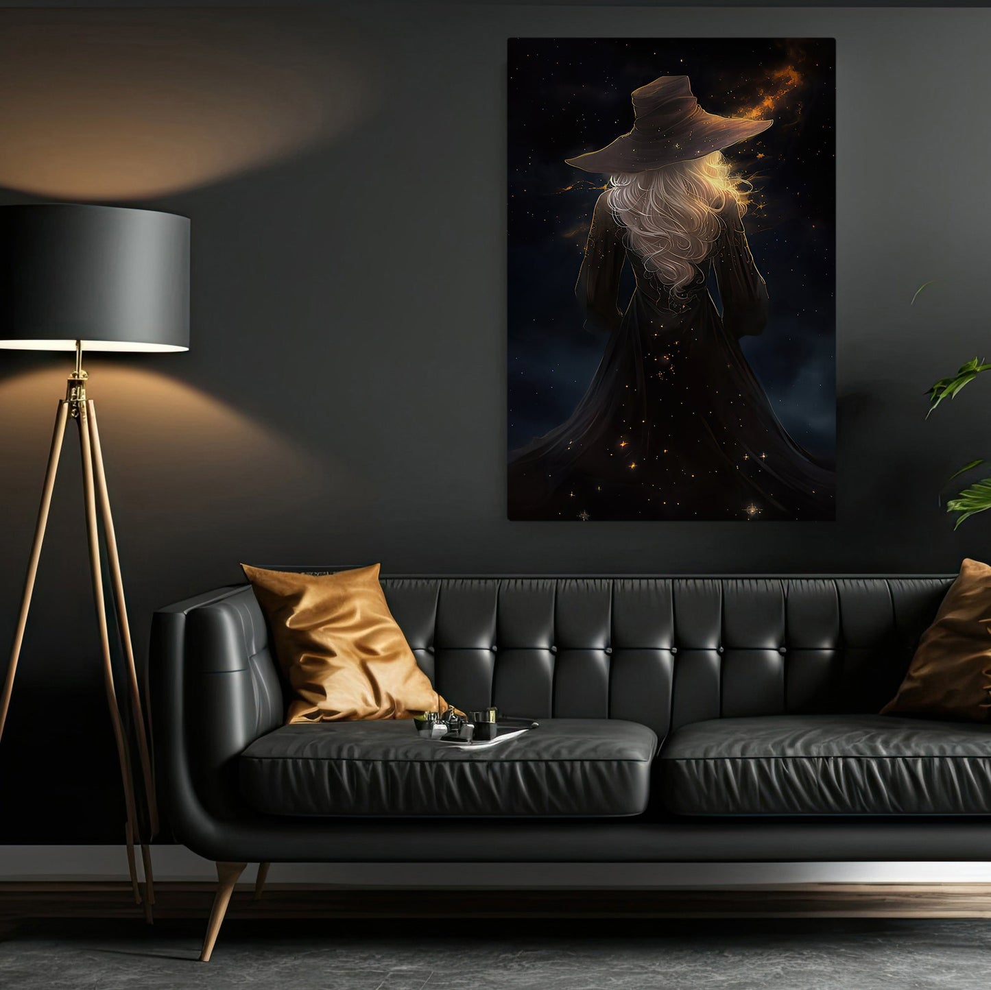 Witch In Starry Night Canvas Painting, Witches Wall Art Decor - Halloween Poster Gift