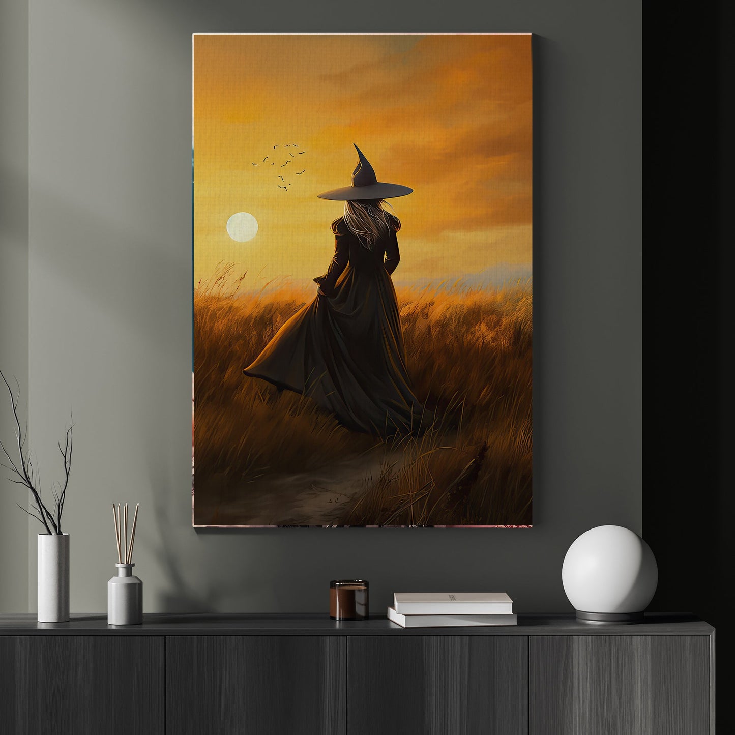 Countryside Witch In The Field Vintage Gothic Wall Art Print - Dark Academia Five Elements Witchy Halloween Wall Decor
